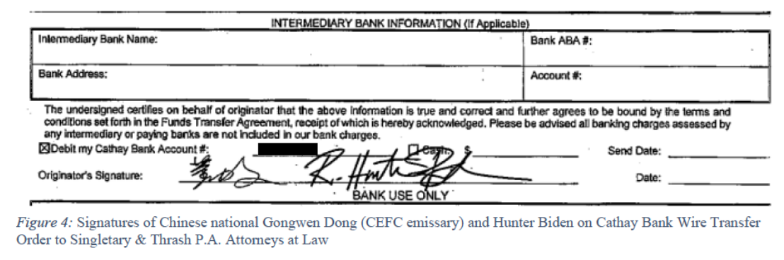 Wire transfer order from Cathay Bank account holders R. Hunter Biden and CEFC China Energy Company Limited Emissary Gongwen Dong to Mississippi law firm